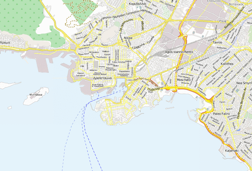 Piräus Stadtplan mit Satellitenfoto und Unterkünften von Athen